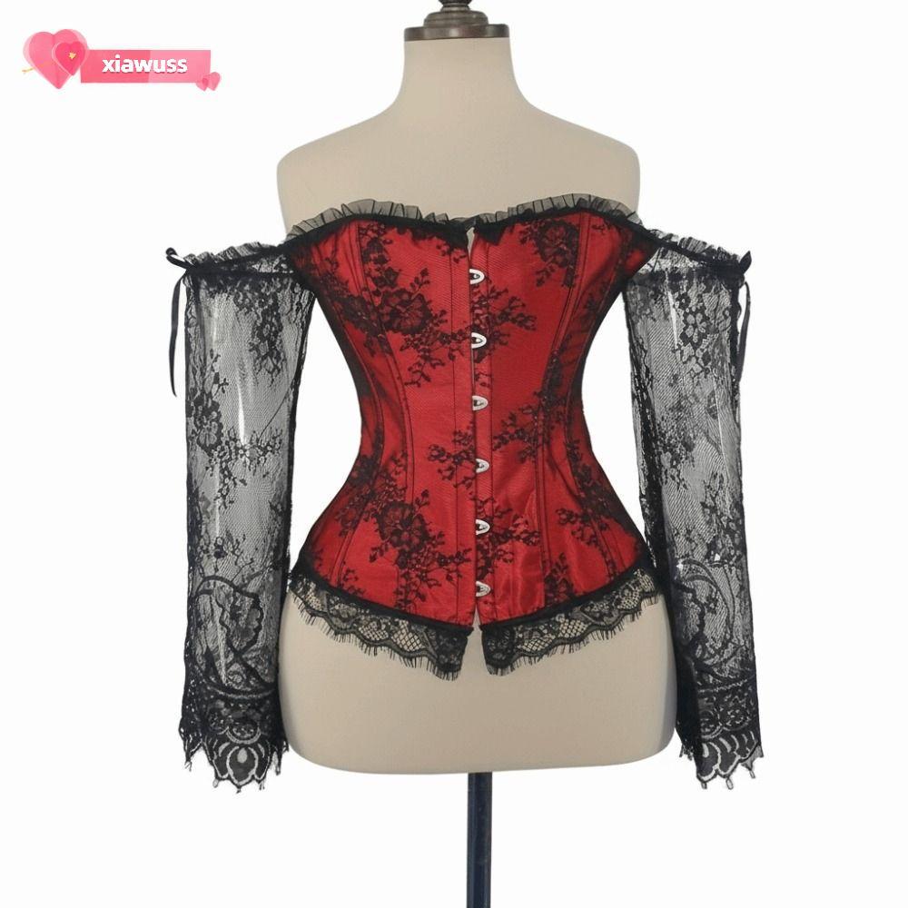 XIAWUSS Corset Top, Dây Đeo Vai Nữ Tay Dài Court Corset, Đen Đỏ Ren Overbust Ren Hoa Corset Phục Hưn