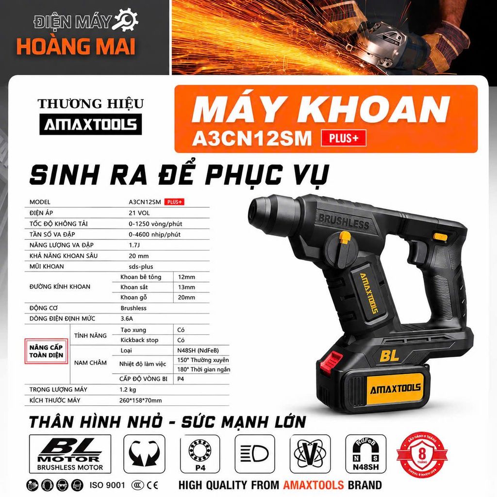 Máy Khoan Đục Bê Tông AMAXTOOLS A3CN12SM PLUS+, Lực Đập 1.7J, Tạo Xung, Kickback Stop, Giảm Chấn