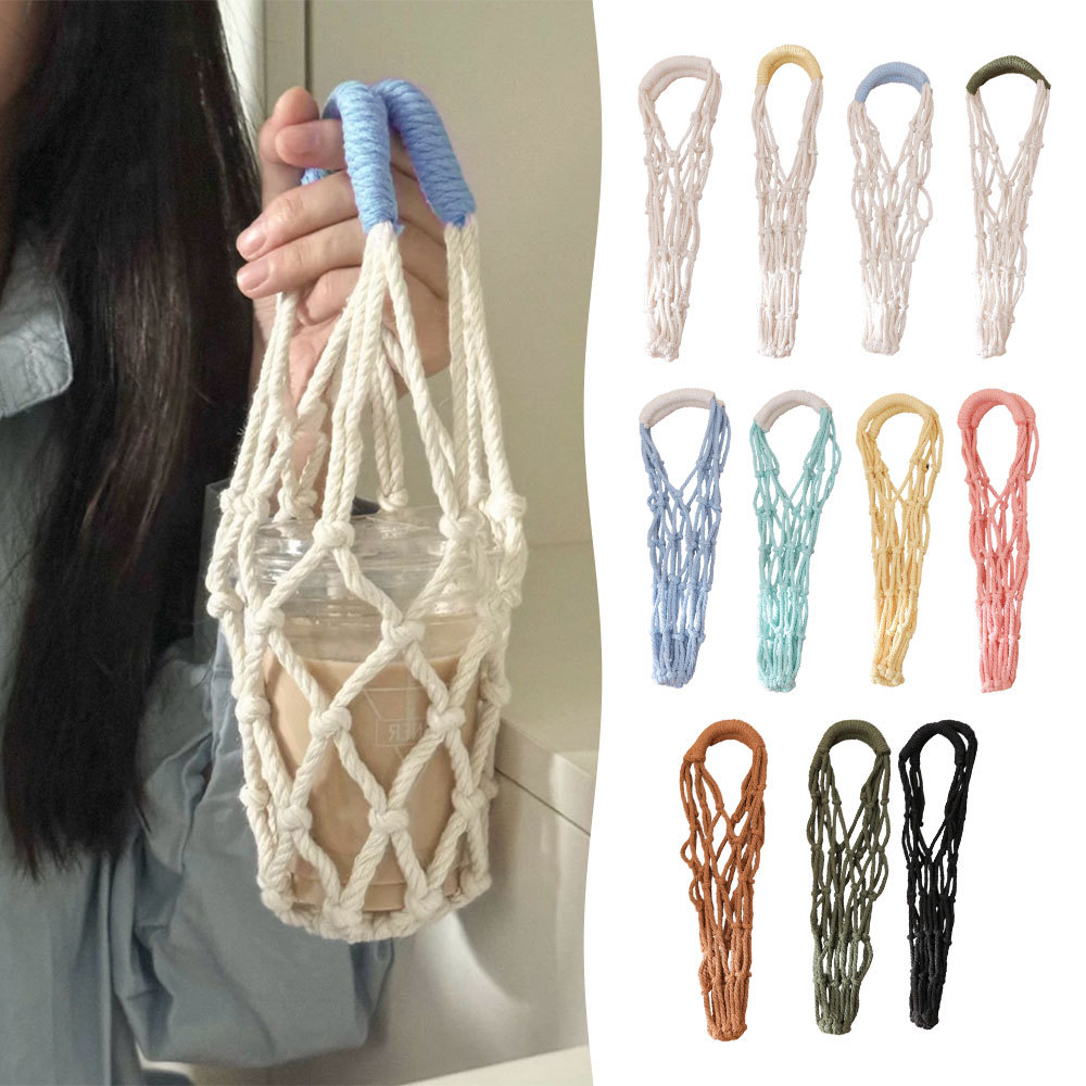Giá đỡ cốc dệt bằng dây Cotton thủ công Túi lưới Macaron Nhiều màu Trà sữa cầm…
