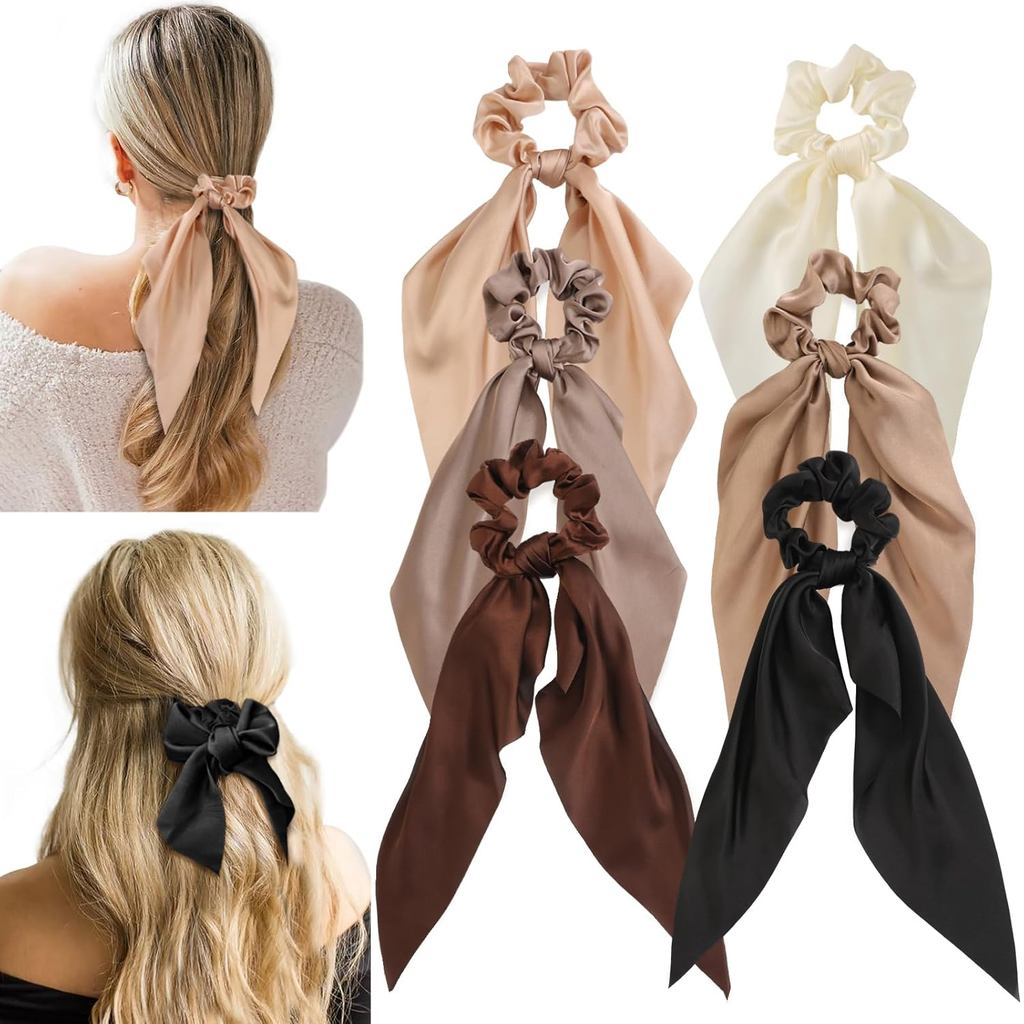 6 PCS Bow Silk Scrunchies, Hair Ties with Bows, Hair Scrunchies for Women Girls, Knotted Bows Silk H