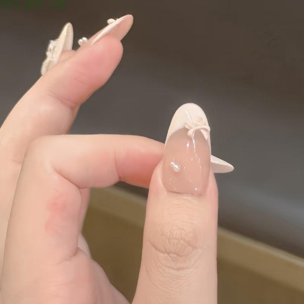 #ROYALLADY#Handmade 3D Pearl Flower Bow Press On Nails Removable Fake Nails for Women Sweet