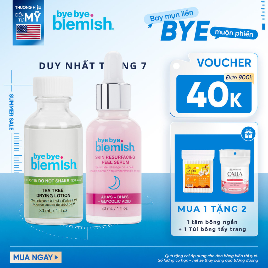Combo Làm Sạch Da, Ngăn Ngừa Và Xẹp Mụn Nhanh Bye Bye Blemish Tea Tree Drying Lotion & Skin Resurfac