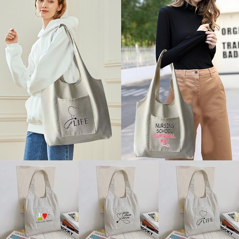 women shopper  Bag Canvas Tote Bag Fashion Nurse Print  Reusable Supermarket Tote Shopping Bag Casua