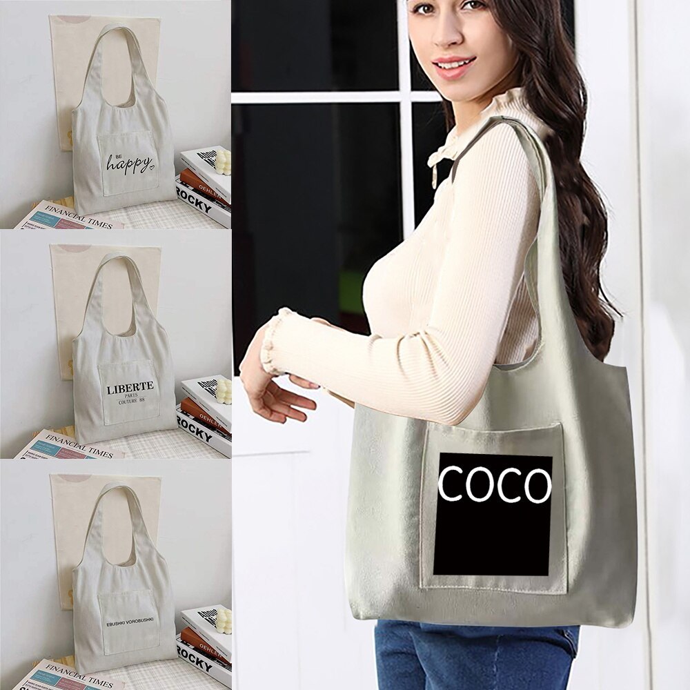 Women Shopper  Bag Canvas Tote Bag Fashion Text Print  Reusable Supermarket Tote Shopping Bag Casual