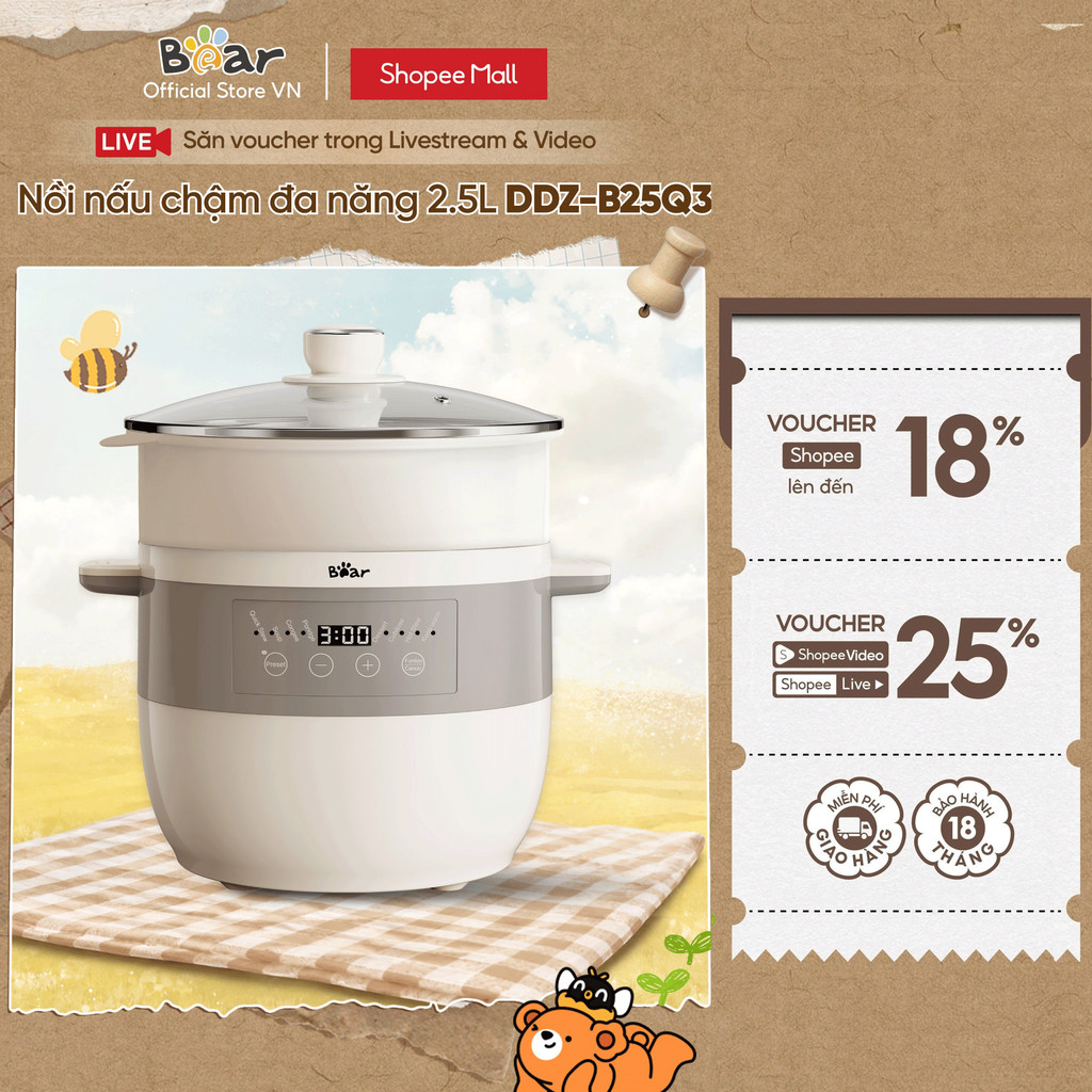 [Livestream] Nồi Nấu Chậm 2.5L Đa Năng Bear DDZ-B25Q3 (KÈM XỬNG HẤP) - Chính Hãng-Bh 18 tháng