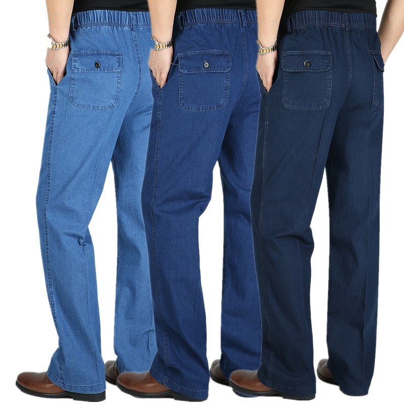 Poki Kangaroo Xuân Hè Mỏng Nam Quần Jean Co Giãn Eo Đàn Hồi Người Trung Niên Đàn Hồi Đàn Hồi Thường 