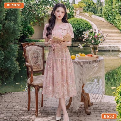 Đầm thiết kế BEMINE cổ tròn đính nơ dáng chữ A phù hợp đi chơi-B652