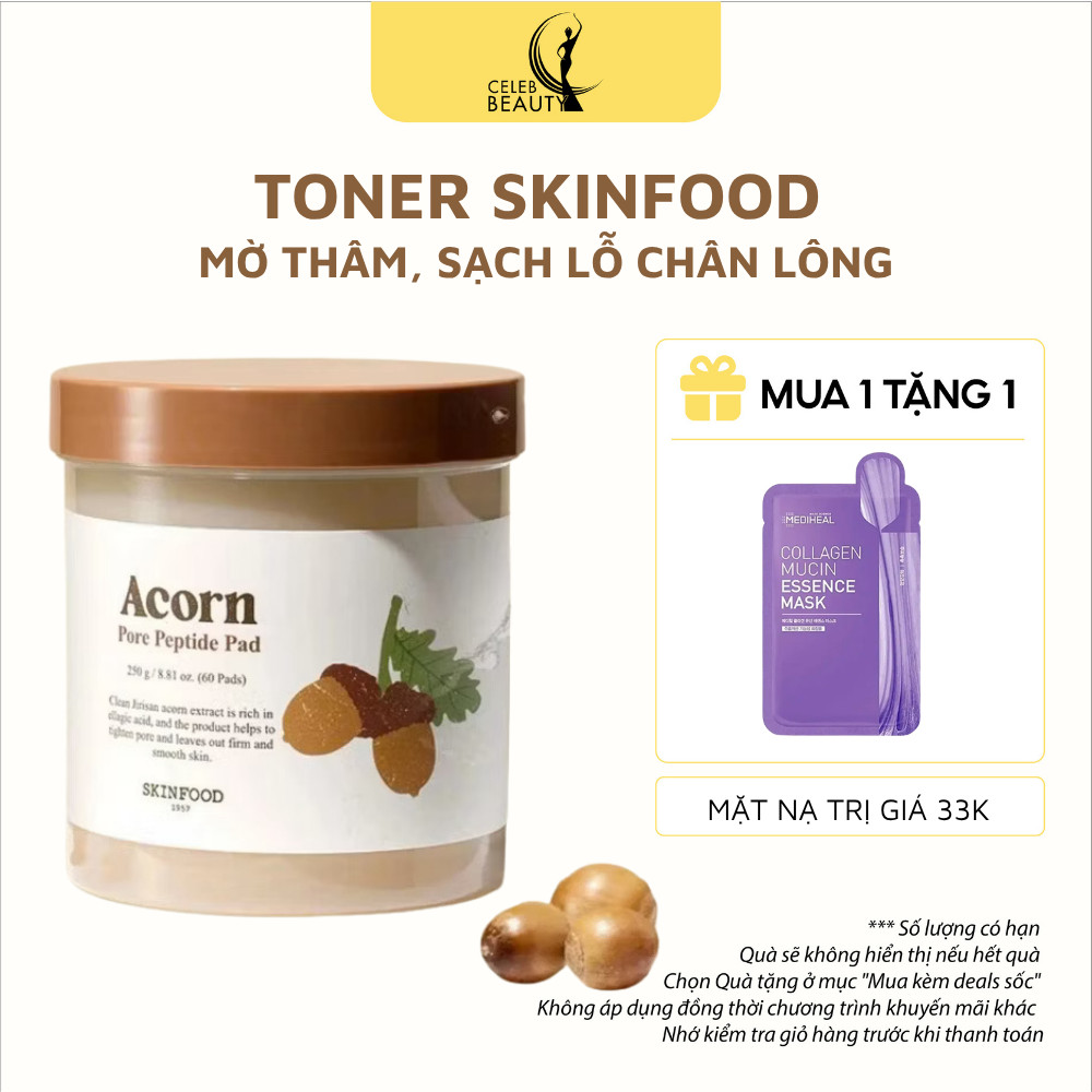 Hộp 60 Miếng Bông Quả Sồi SKINFOOD Acorn Pore Peptide Pad 60 Miếng - Mờ Thâm, Sạch Lỗ Chân Lông
