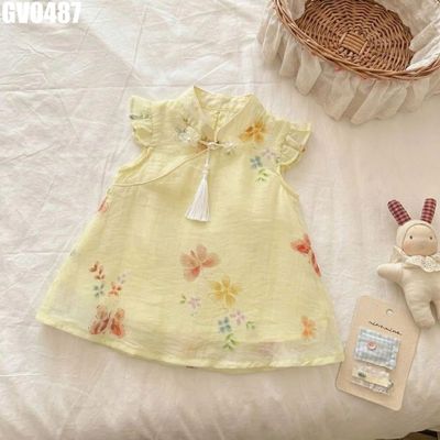 Váy Bé Gái Cổ Tàu Cách Điệu Vàng Pastel Họa Tiết Bướm Hoa Tay Bèo Tua Rua Mềm Nhẹ MINTSCLOSET GV0487