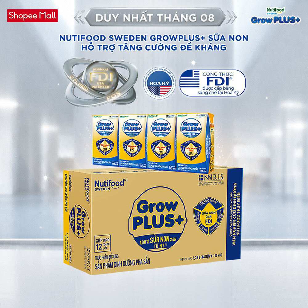 [LIVESTREAM KOL] Thùng Sữa Bột Pha Sẵn GrowPLUS+ Sữa Non Tăng Đề Kháng 110ml - (48 Hộp x 110ml)
