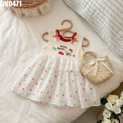 Váy Bé Gái Sát Nách Họa Tiết Mèo Chấm Bi Phối Bèo Nơ Đỏ Dễ Thương MINTSCLOSET GV0471