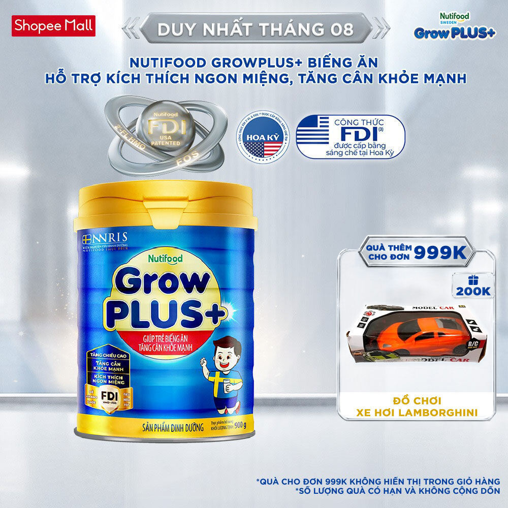 Sữa Bột Nutifood GrowPLUS+ Biếng Ăn (Xanh) 1+ - Tăng Cân Khỏe Mạnh (Lon 900g)