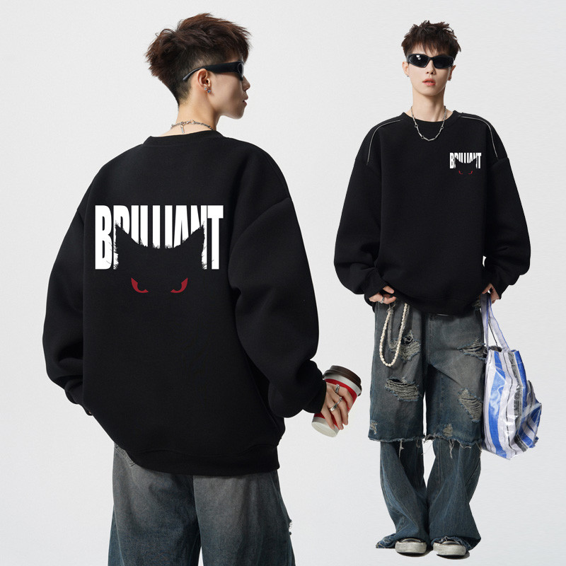Mỹ High Street Devil Eye Cat In Áo Nam Thiết Kế Mùa Thu Cổ Tròn Dài Tay Áo Sơ Mi Đáy Top