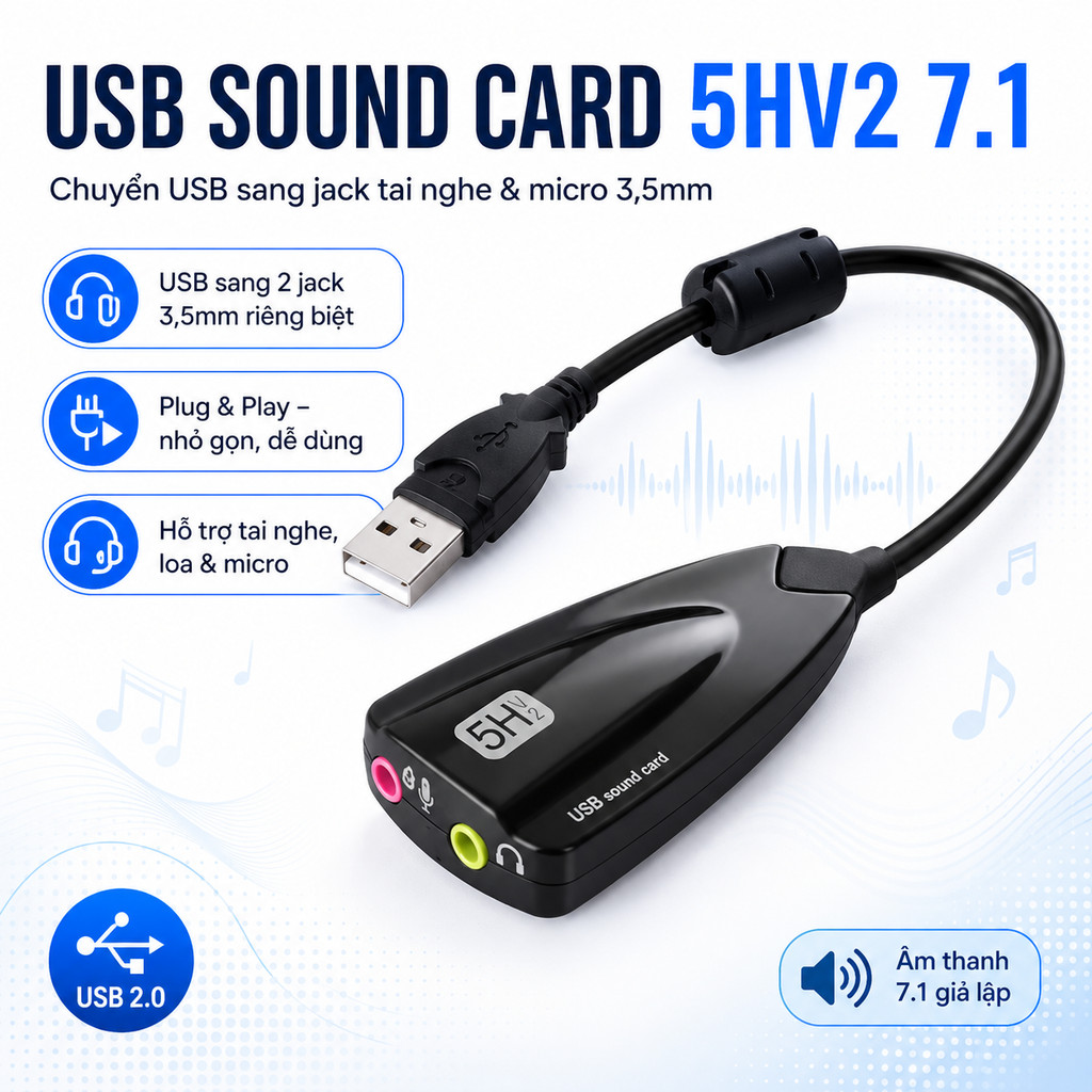 [HCM] USB Sound Card 5HV2 7.1, Chuyển USB Sang Jack Tai Nghe, Micro 3,5mm
