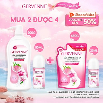 COMBO Sữa tắm trắng da Gervenne và Lăn khử mùi 50ml tặng quấn kèm túi sữa tắm 450g và lăn khử mùi 25ml