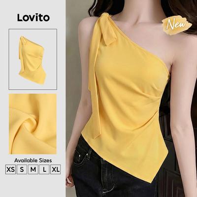 (New Arrival) Lovito Áo kiểu nữ màu vàng xuân/hè bèo bất đối xứng buộc dây ren dáng thường ngày TKK8P1D3295