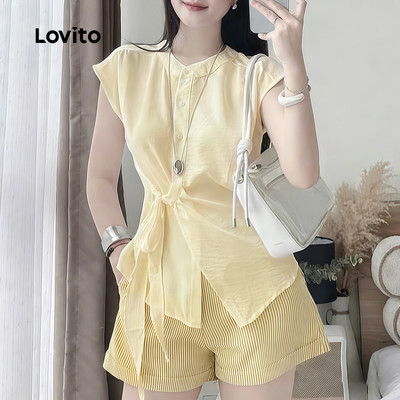 Áo kiểu nữ Lovito vàng xuân hè bất đối xứng nút trước phong cách thường ngày L182ED121