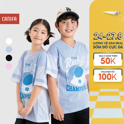 Áo phông unisex trẻ em CANIFA áo thun cộc tay cổ V in họa tiết thể thao năng động 3TS26C007