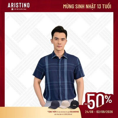 Áo sơ mi ngắn tay ARISTINO màu xanh tím than kẻ Regular Fit chất liệu sợi tre - ASS135AS2