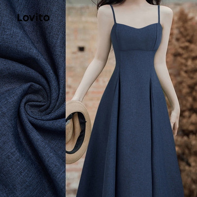(thanh lịch) Lovito Trang phục cấu trúc thoải mái dây đeo điều chỉnh Váy mùa xuân/hè màu xanh L142ED599