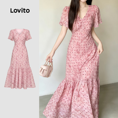 (New Arrival) Lovito Đầm nữ mùa xuân/hè thiết kế thanh lịch viền bèo chất liệu có họa tiết màu xám hồng LK7ED198