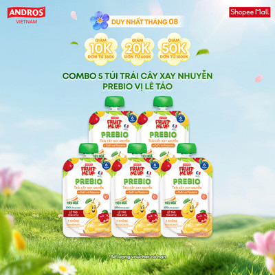 Combo 5 Túi Trái Cây Xay Nhuyễn PREBIO - Bữa Phụ Nhuyễn Mịn - ANDROS FRUIT ME UP - 80g x 5
