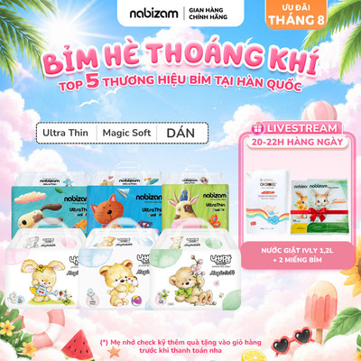 Combo 4 Bịch Tã/Bỉm Dán NABIZAM Cao Cấp Mỏng Nhẹ, Khô Thoáng Chống Tràn Tối Đa, Đủ Size Từ 4-15kg, 32-50 Miếng/Bịch