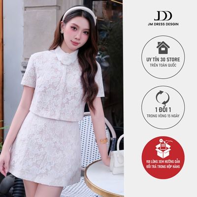 Set Áo Xuân Hè Dáng Ngắn Cổ Đức 2T26.2601, Chân Váy Xuân Hè Dáng Ngắn Nơ Đai 4S10.2601. Set Ren Tiểu Thư Sang Chảnh JM