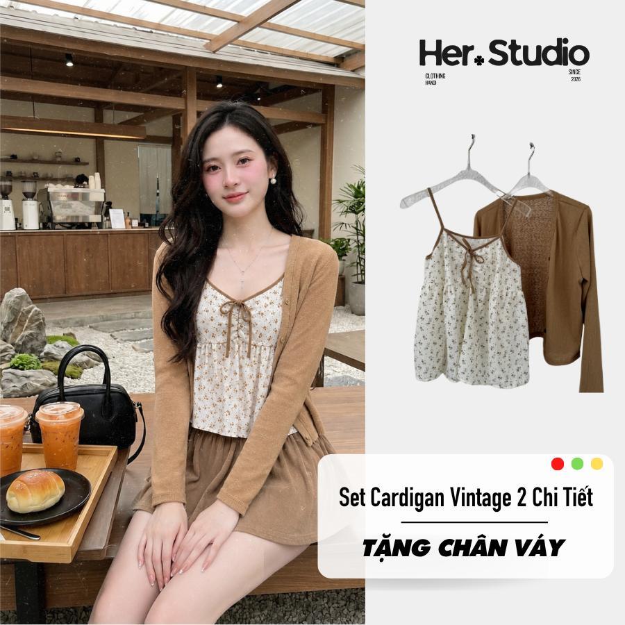 HER.STUDIO - Set Áo Cardigan Len Gân + Áo Hai Dây Hoa Nhí Linen Vintage Tặng Chân Váy Phong Cách Tiể