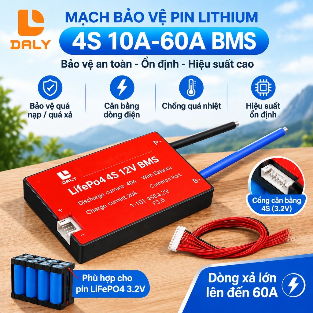 Daly 12V 4S LiFePO4 BMS 10A 15A 20A 30A 40A 50A 60A BMS chống nước có cổng chung cân bằng