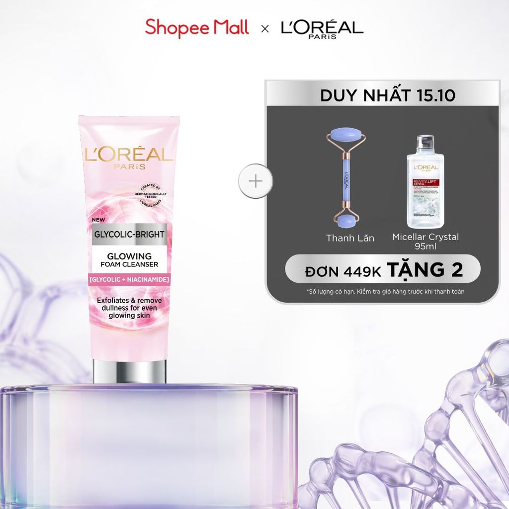 Sữa rửa mặt làm sạch sâu và sáng da L'Oreal Paris Glycolic (AHA) Bright Glowing Daily [Glycolic+ Niacinamide] 100ml