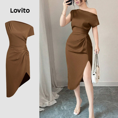 (thanh lịch) Lovito Váy Đầm Lộng Lẫy Xếp Ly Có Khuy Nhỏ Màu Nâu Cho Phụ Nữ L155AD343