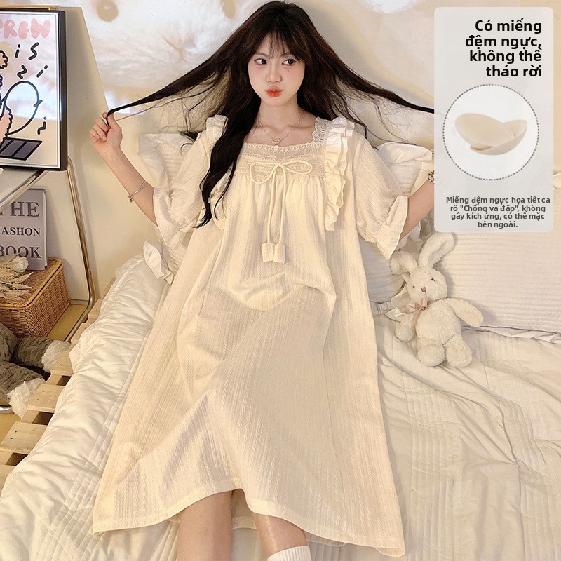 Đầm ngủ có đệm cho nữ, đầm ngủ cotton mùa hè tay ngắn phong cách công chúa dễ thương, đầm ngủ dài vừ