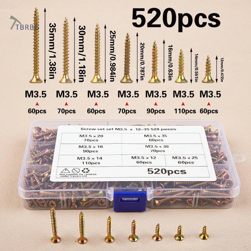 TBRBG 520 Cái M3.5 Đầu chìm Bộ vít tự khai thác Bộ vít mạ kẽm màu cho chế biến gỗ Trang trí nhà cửa 