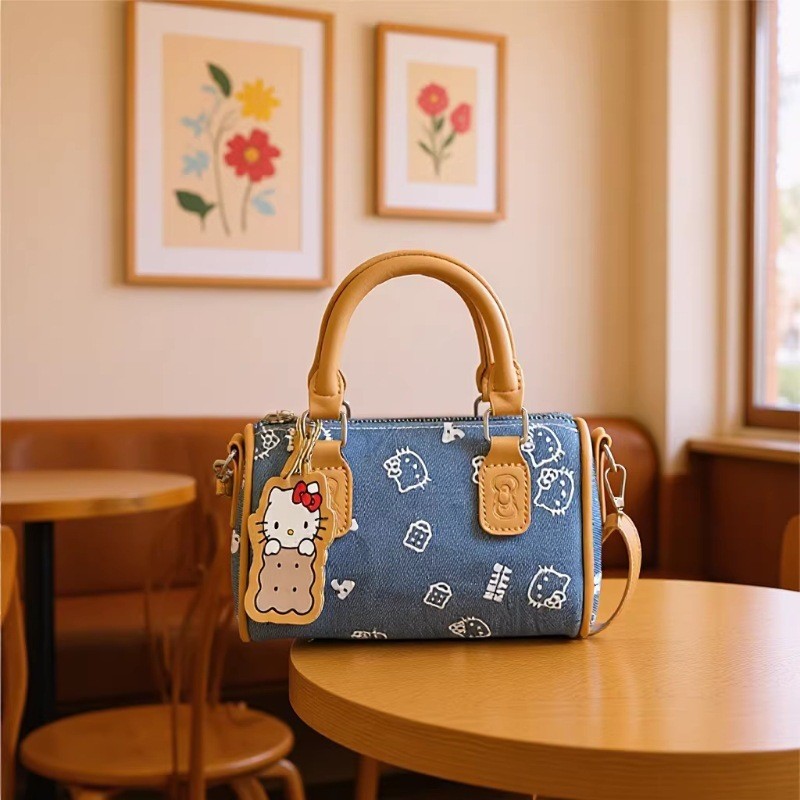 New denim shoulder bag, color-blocked handbag, denim bowling bag, fashionable handbag, crossbody bag