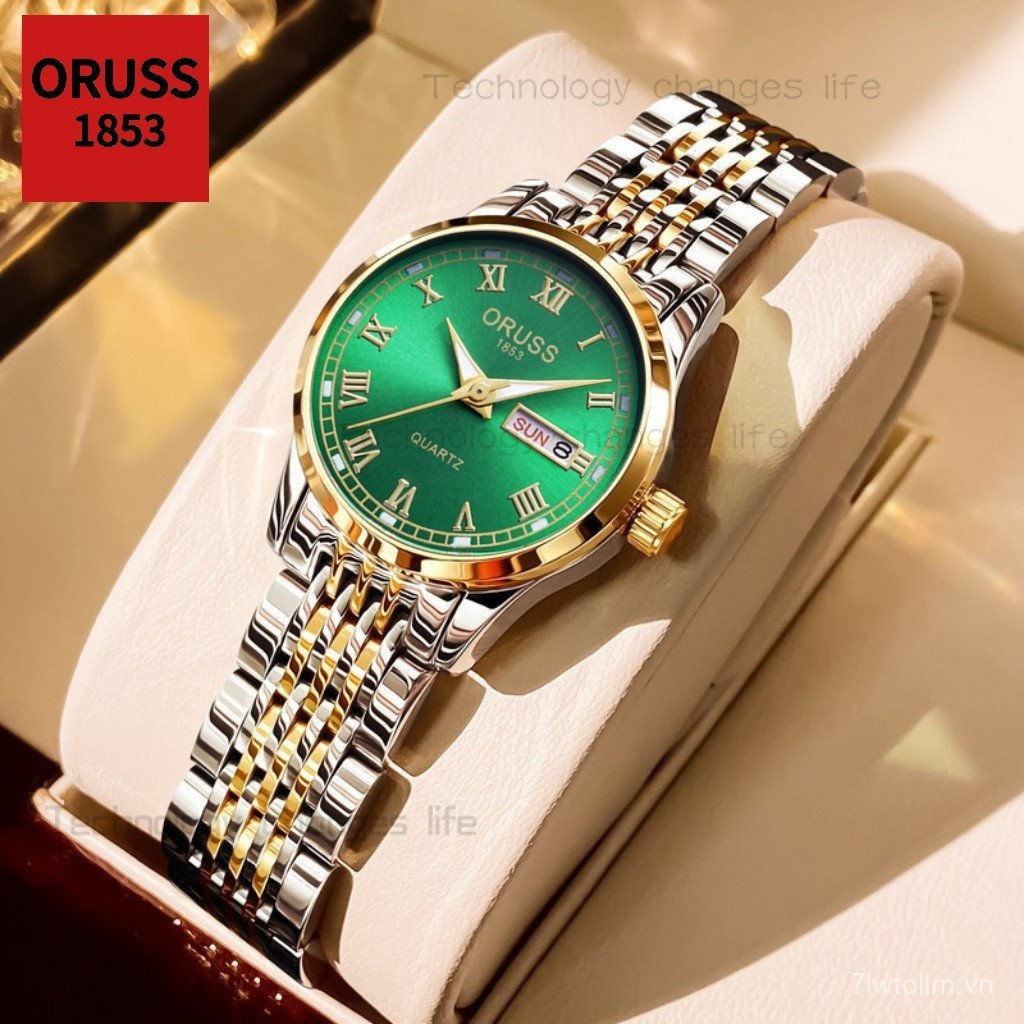 ORISS Nữ Chính Hãng Thép Không Gỉ Mặt Số Xanh Sang Trọng Lịch Kép Dạ Quang Đồng Hồ Chống Thấm Nước A