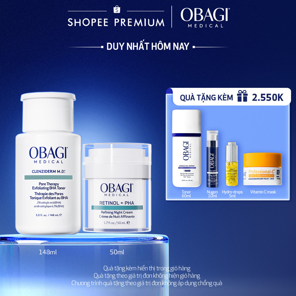 [Voucher SVIP 18%] Bộ đôi Kem Dưỡng Đêm Obagi Retinol + PHA 50ml và Toner Obagi Clenziderm M.D. Exfo