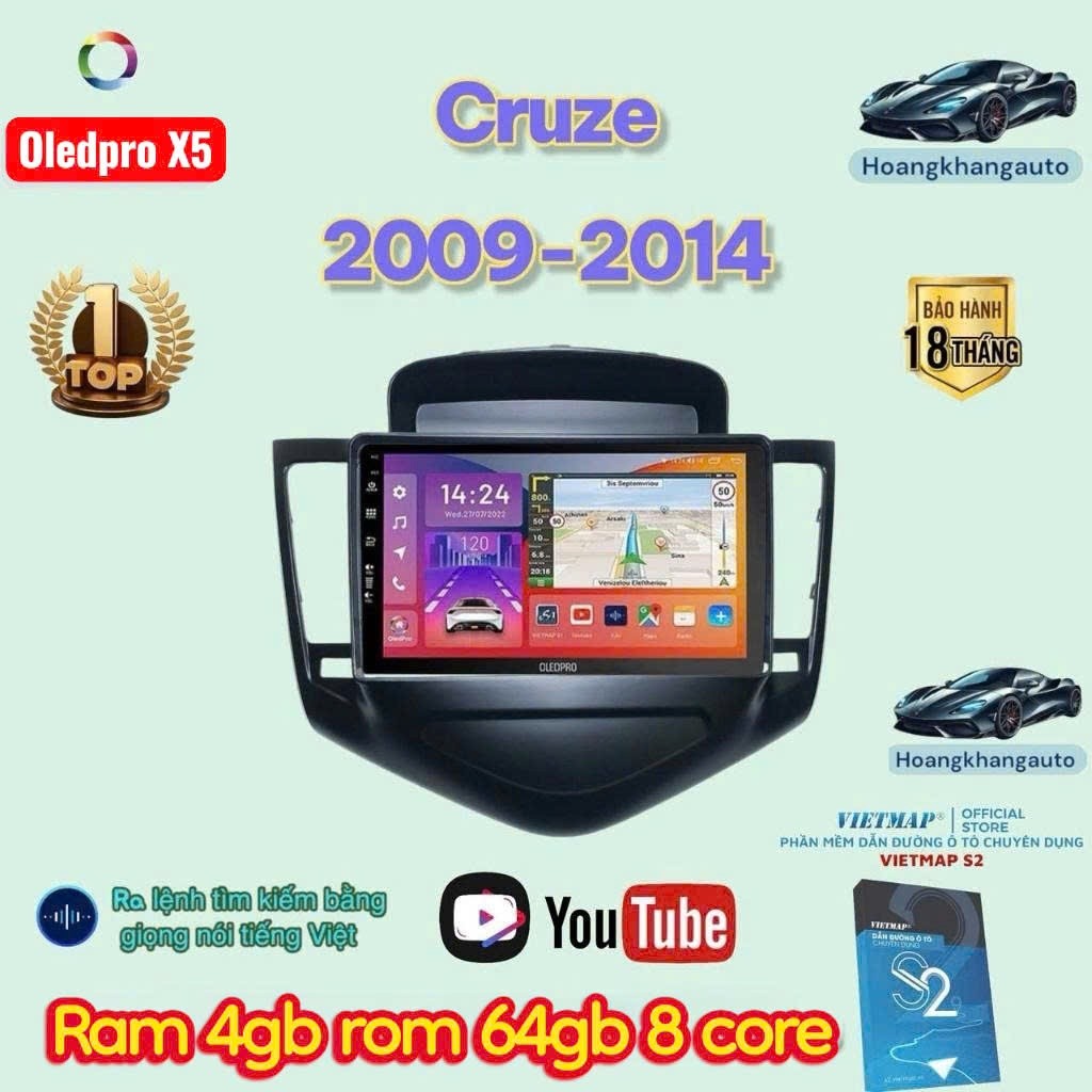 Combo   Màn hình android OLEDPRO x5 theo xe Cruze 2009 - 2014  kèm dưỡng 9 inch canbus và jack nguồn
