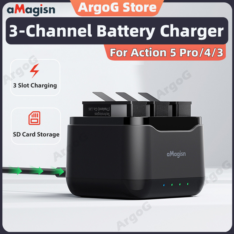 aMagisn Đế Sạc Pin 3 Khe Cho DJI Osmo Action 5 Pro Kèm Ngăn Đựng Thẻ Nhớ Phụ Kiện DJI Action 5 Pro