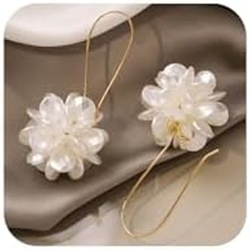 Delicate White Shell Cluster Flower Dangly Earring for Women, Charm Red Floral Dangle Drop Hook Earr