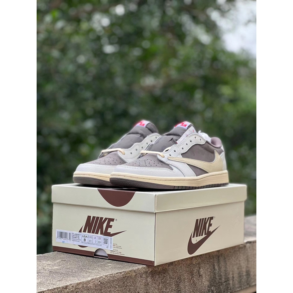 [Nhà cung cấp] Travis Scott x Air Jordan 1 "Reverse Mocha" AJ1 TS Barb Giày bóng rổ màu nâu trắng cổ