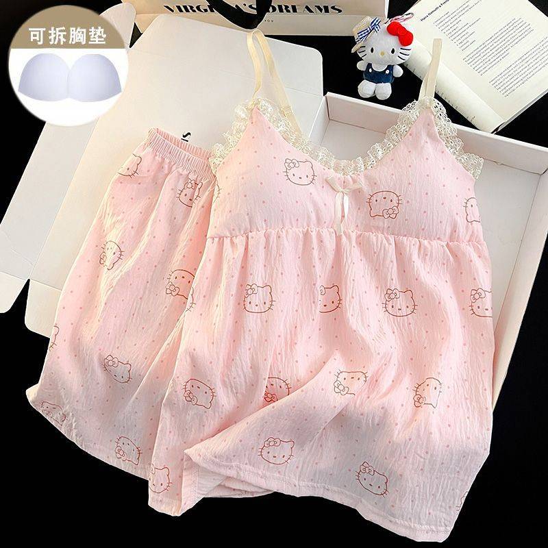 Women's Cloud Hello Kitty Cotton Thin Homewear Suit with Chest Pad Polka Dot Suspender Shorts Pajama
