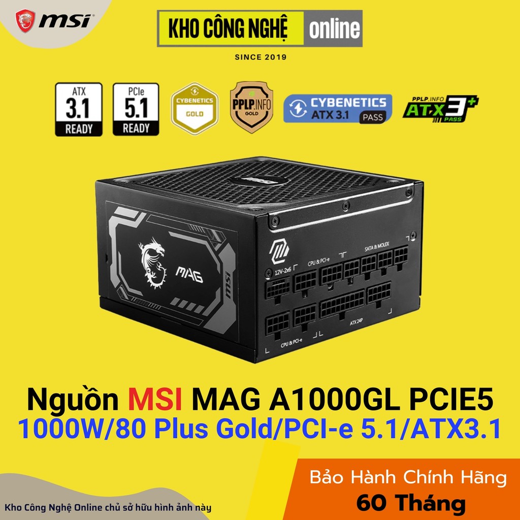 Nguồn Máy Tính MSI MAG A1000GL PCIE5 - 1000W, 80 Plus Gold (Hàng Chính Hãng)