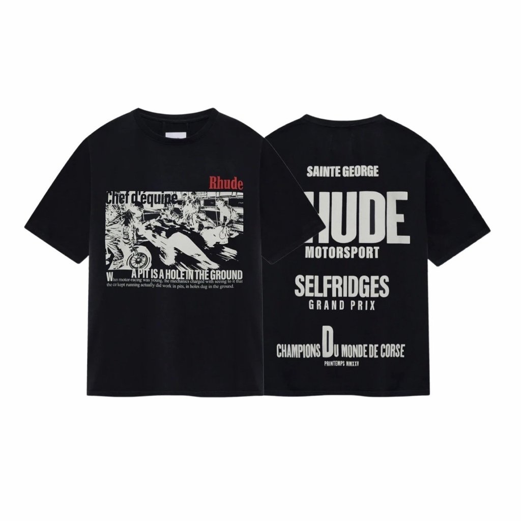 Áo thun in hình dòng Rhude Chef d 'equipe, chất liệu Cotton nguyên chất màu đen