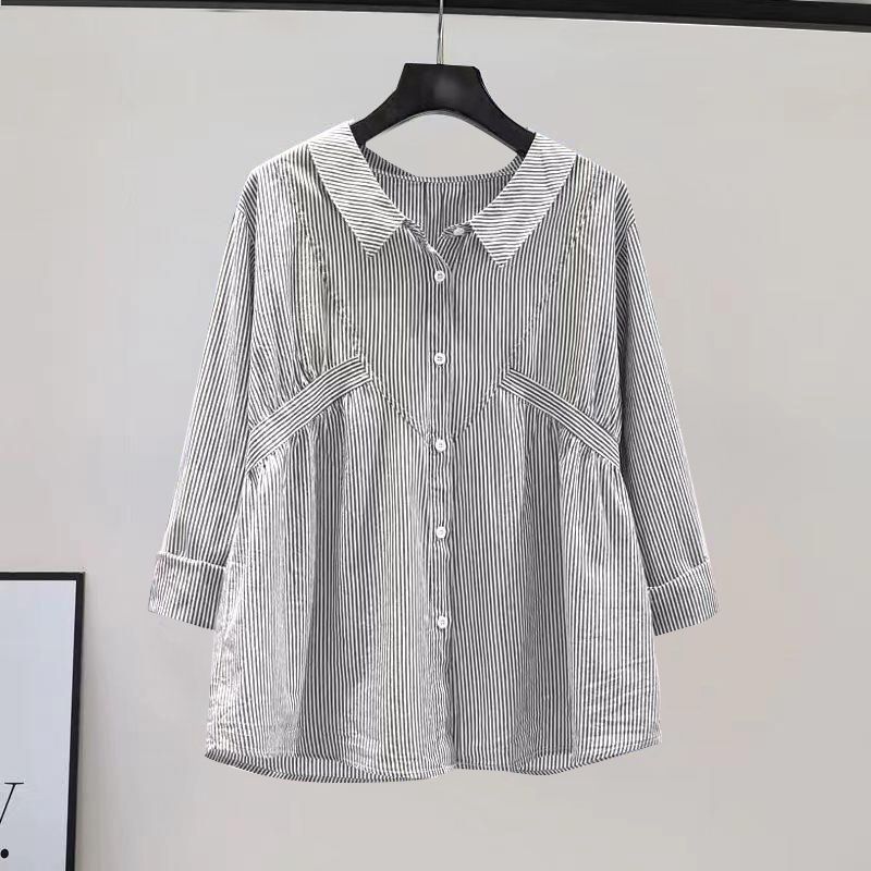 Áo Sơ Mi Nữ Xanh Nhạt Dọc Sọc Thiết Kế Cảm Giác Eo Tay Dài Áo Sơ Mi Cotton 2026 Xuân Hè Comely Rời T