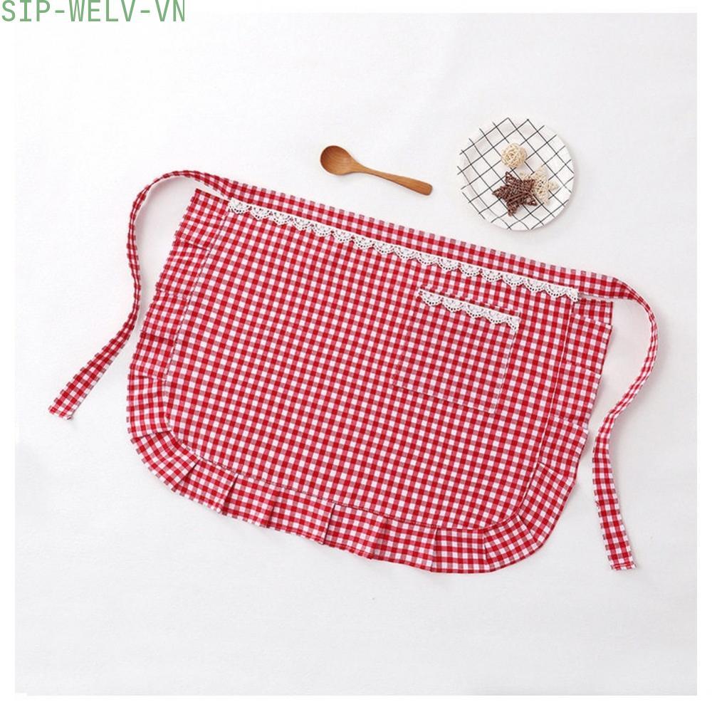 {WELV}Functional Cotton Half Apron with Pockets Adjustable Fit and Lace Trim Red Black