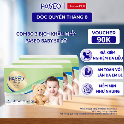 [Combo 3 Gói] Khăn Giấy Rút Cho Bé PASEO Baby 50 Tờ/Gói Mềm Mịn An Toàn Cho Da Nhạy Cảm 3 Lớp