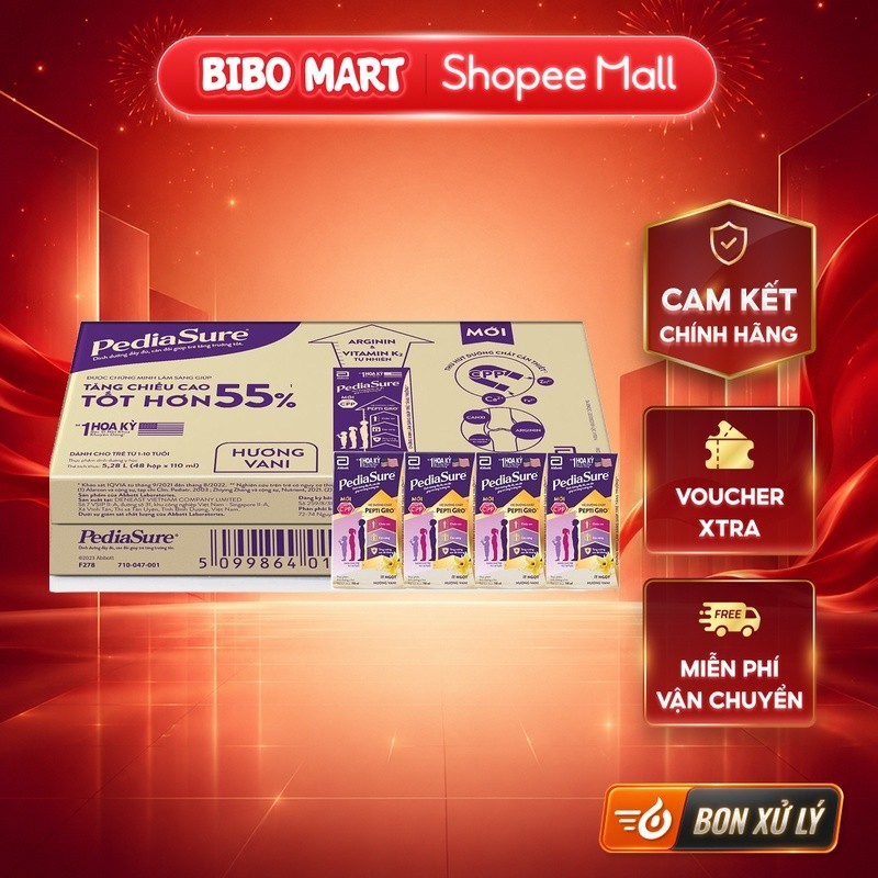 [KOL] Thùng 48 Hộp Sữa Bột Pha Sẵn Pediasure Vani Ít Ngọt Cho Bé 1-10 Tuổi 110/180ml - Bibo Mart