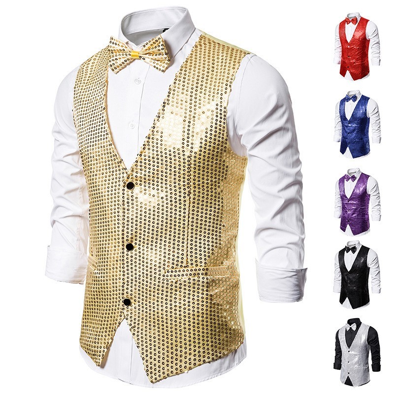 Vàng Đính Kim Sa Lấp Lánh Nhấp Nháy Vest Nam Nữ Áo Vest Khiêu Vũ Chủ Hiệu Suất Áo Vest Phong Lan Đỏ 
