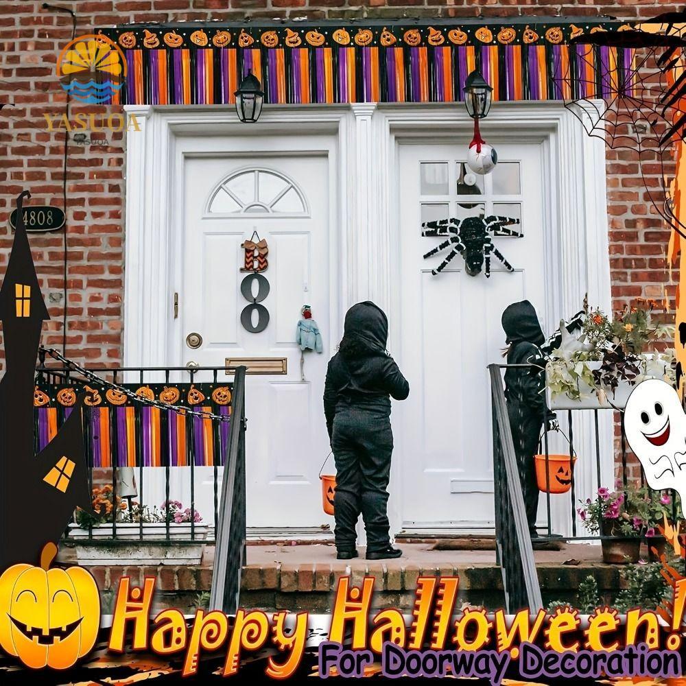 LARGLO 4 Biểu ngữ tua rua Halloween, Foil Fringe Đen Cam Tím Halloween Fringe Phông nền, Chất liệu p